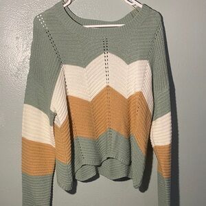Chic Chevron Knit Sweater in Green, White, and Tan